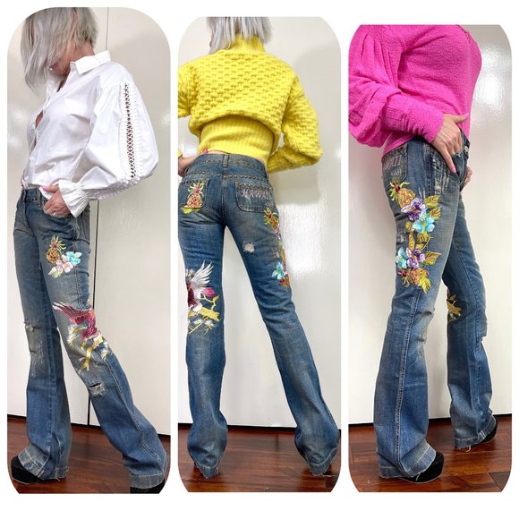 Auc D&G Distressed Embroidered Studded HAWAII TROPICAL Flare jeans - Picture 16 of 16